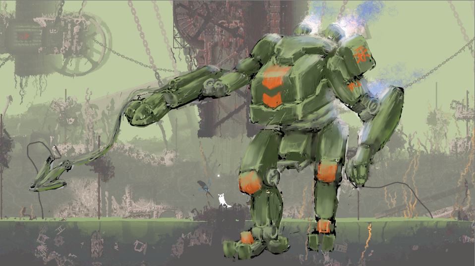 a mech suit with a grappling hook and thrusters